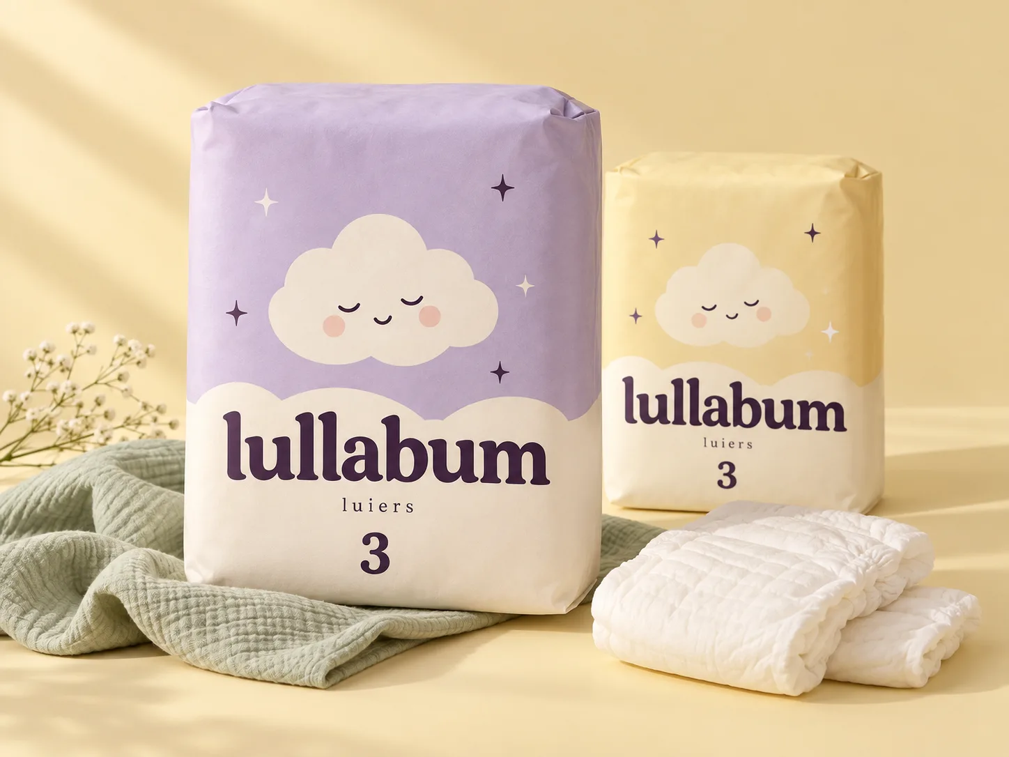 Lullabum verpakkingsconcept voor luiers in zacht crème en lavendel, met ons slaperige wolkje